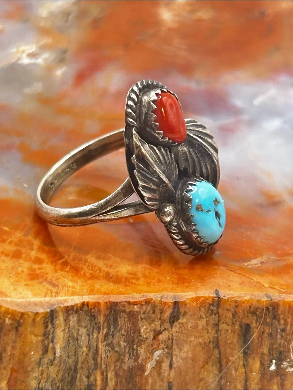 Southwest Sterling Silver Turquoise and Coral Ring - Size 8